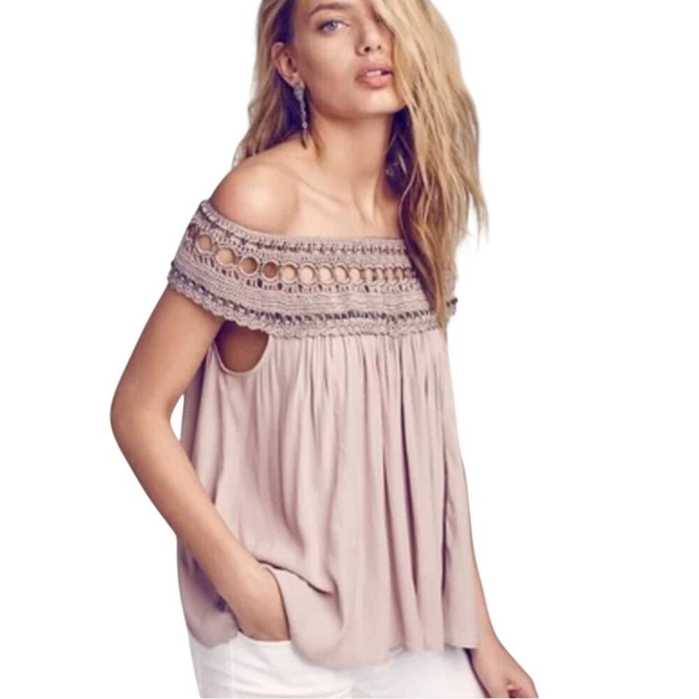 Free People Dusty Pink Cropped Embellished Macrame Boho-Chic Blouse Medium